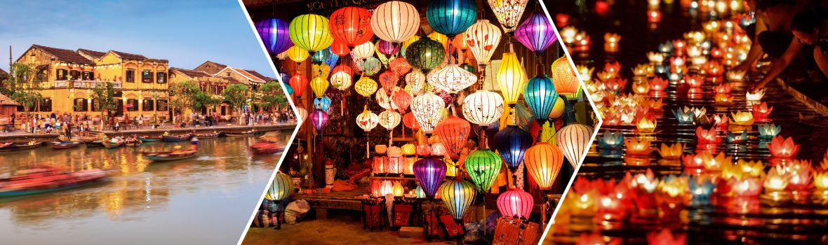 Da sinistra a destra sono Antica città di Hoi An, Lanterne di Hoi An, Galleggiare le lanterne di loto