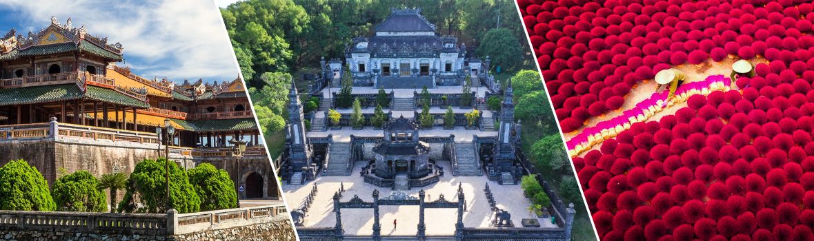 Da sinistra a destra sono Città Imperiale di Hue, Mausoleo dell'imperatore Khai Dinh, villaggio dell'incenso Thuy Xuan