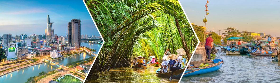 Da sinistra a destra sono Ho Chi Minh City, Ben Tre, Mercato galleggiante di Cai Rang