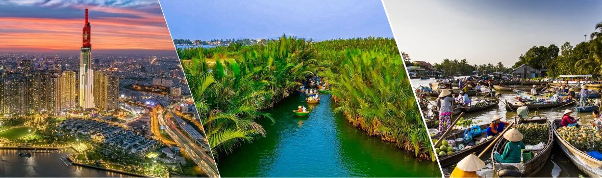 Da sinistra a destra sono Città di Ho Chi Minh, Ben Tre, Mercato galleggiante di Cai Rang