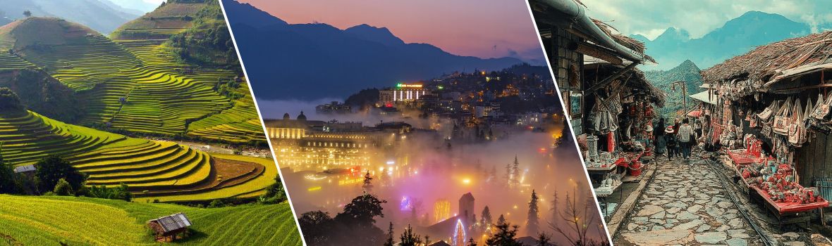 Da sinistra a destra sono Campi terrazzati a Sapa, Città di Sapa, Villaggio di Cat Cat